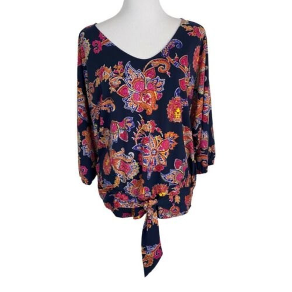 Jones New York Womens Shirt Size XL Blue Pink Floral V Neck Ties Dolman Sleeve
